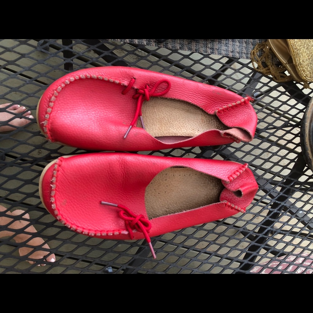 Red loafer shoes back folds down or up